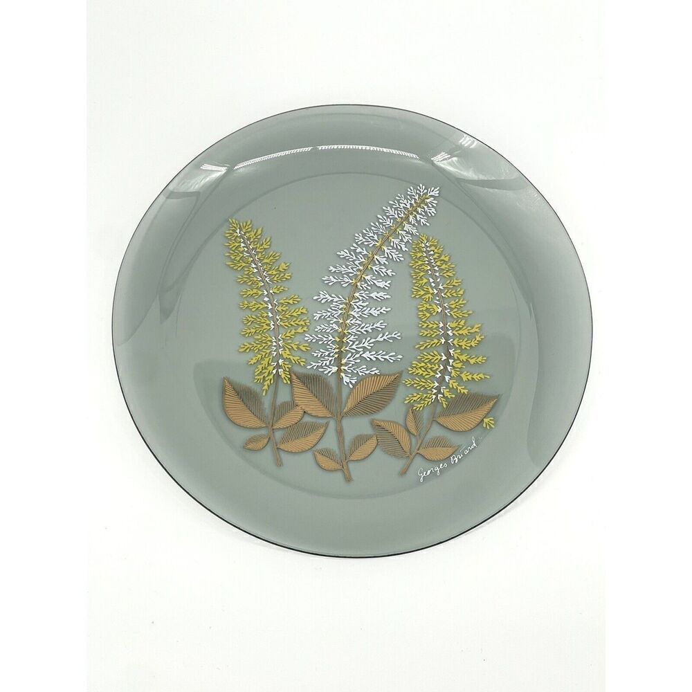 Vintage Rare Georges Briard Smoke Gray Glass Gold Ferns Tray Platter Plate 11”